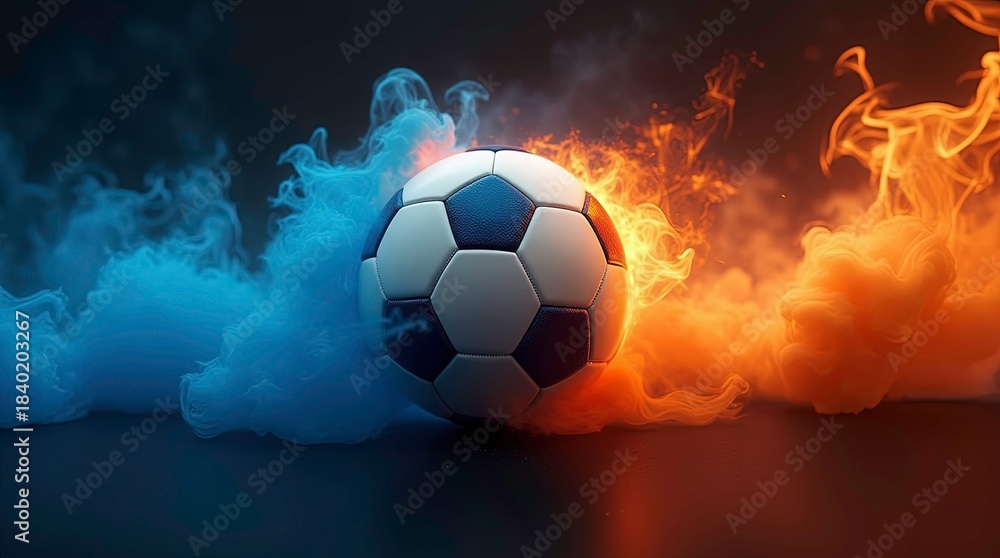 Fototapeta premium Vibrant soccer ball centered in a swirl of red and blue smoke, creating a dynamic and energetic atmosphere.