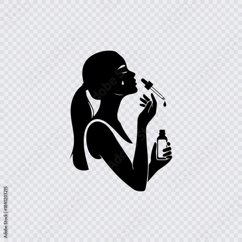 A black silhouette of a woman applying serum or essential oil to her cheek with a dropper, representing skincare, beauty, or cosmetic concepts.