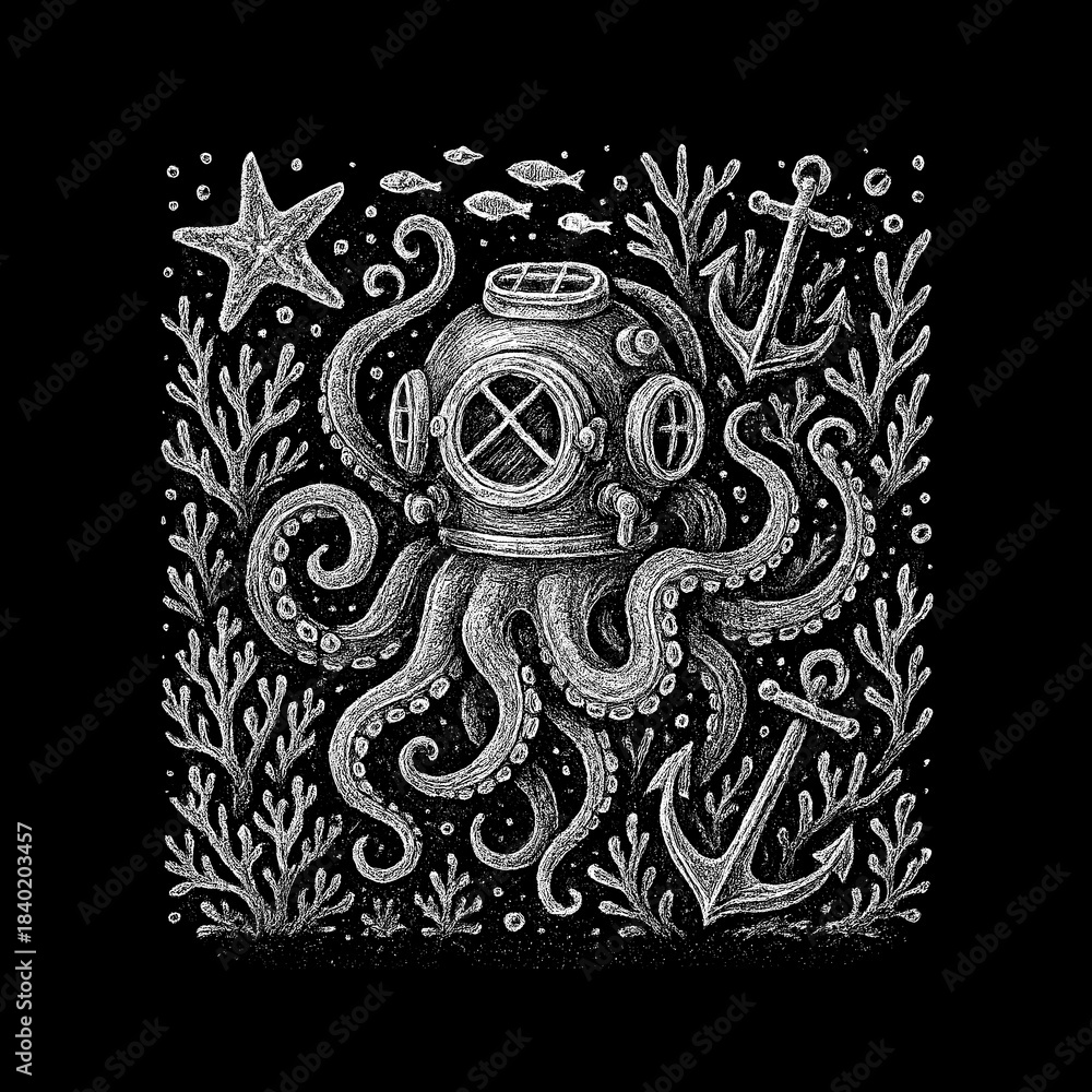 Fototapeta premium Octopus wearing vintage diver helmet underwater drawing