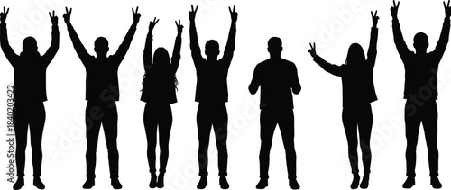 Silhouette people raising hands, peace sign gesture, group celebration, unity concept, teamwork illustration, family together, diversity expression, abstract art, lifestyle posture, freedom