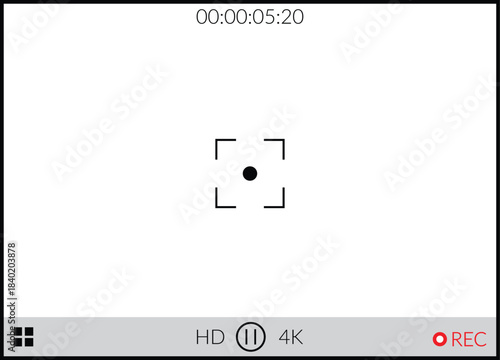 Camera Viewfinder Recording Screen Overlay. Focus Center and Timer Interface. Video Camera Viewfinder Frame. Camera Display Full HD Format. Digital camera, camcorder, surveillance recording system.