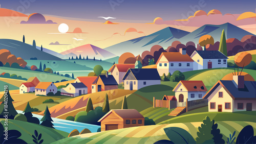 A calm, softly lit town scene featuring gentle hills, scattered homes, and a peaceful horizon perfect for creating warm and inviting rural or suburban design elements.