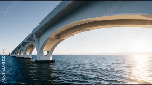 A modern white arched bridge crossing the sea under a clear sky. Architecture, transportation, travel. Wide shot.