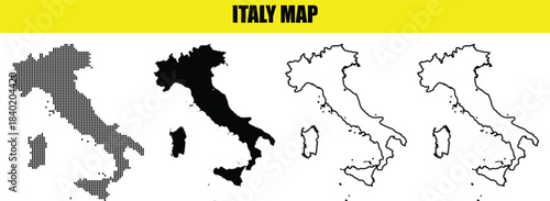 Set of four Italy map graphics dotted, solid black, outline, and double outline
