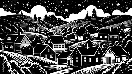A calm, softly lit town scene featuring gentle hills, scattered homes, and a peaceful horizon perfect for creating warm and inviting rural or suburban design elements.