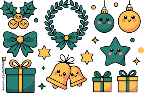 Cute Christmas icon set, kawaii holiday decorations, festive ornaments, wreath, bells, bows, gifts, adorable seasonal elements, cheerful winter vector illustration