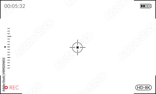 Camera Viewfinder Screen Interface. Video Recording Overlay Display with Focus Target, Timecode, and Battery Indicator.  Video Camera Viewfinder Display Frame. HD 8K resolution Photo Screen.