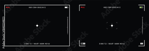 Professional cinematic camera viewfinder recording screen overlay. Video camera viewfinder on black background. Digital cinema camera or professional video camcorder screen. Screen resolution HD 4K.