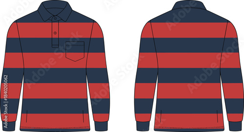 Striped rugby shirt flat sketch, long sleeve sportswear design, red navy stripes apparel template, fashion illustration, collar button placket chest pocket