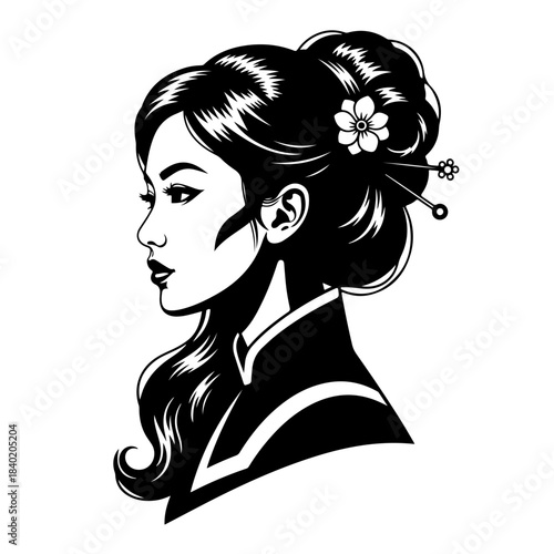 Elegant black and white illustration of a woman with her hair styled in an updo, adorned with a flower and hairpins, wearing traditional attire.