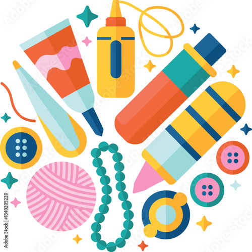 Colorful crafting supplies illustration, handmade art materials, DIY tools and accessories, creative hobby items, craft kit elements, flat design vector artwork