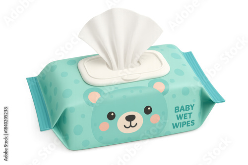 Baby wet wipes packaging with bear design, transparent background