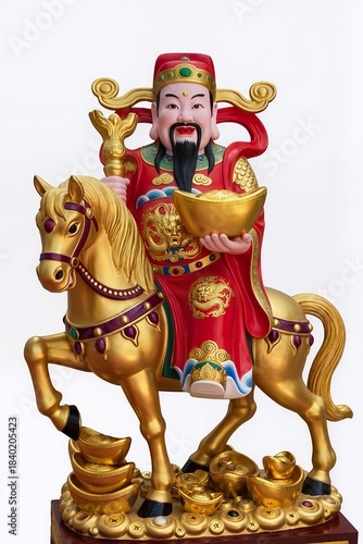 High-class feng shui statue of the God of Wealth riding a galloping horse, crafted from gold and ruby-toned lacquer, symbol of rapid prosperity, detailed ornamentation, isolated on pure white.