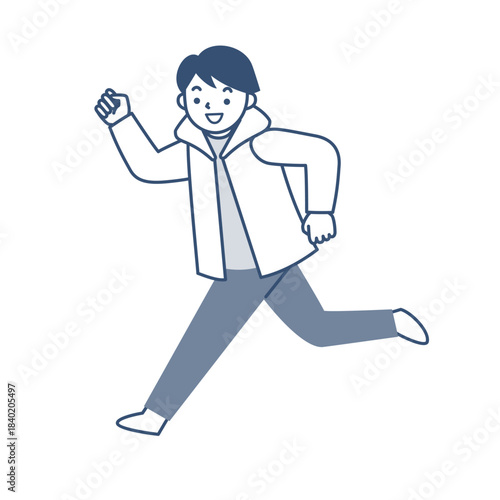 冬の上着を着て走る笑顔の男の子