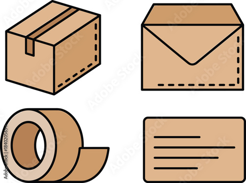 Shipping and mailing illustration set featuring cardboard box, envelope, parcel label, packing tape, delivery icons perfect for logistics, packaging, postal design