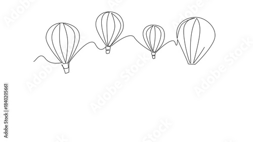 Animation of continuous line draw of woman raising hands to hot air balloons celebrates freedom and travel concept in Hot Air Balloon Day, international celebration of exploration. Full length motion