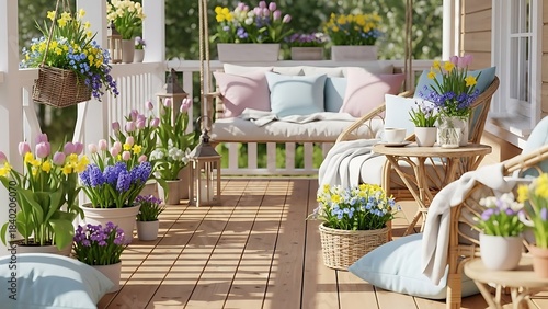 A charming spring porch decorated with an abundance of colorful potted flowers, comfortable seating, and a cozy swing.
