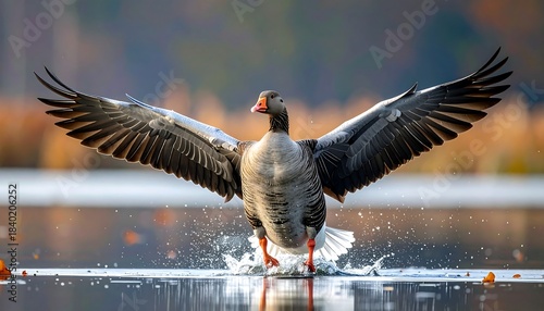 Gray goose landing on water, wings spread, with splashes and blurred autumn trees background in golden light