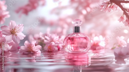 Pink perfume bottle surrounded by cherry blossoms (2)