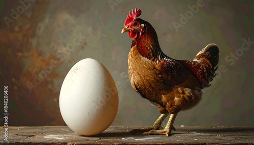 Hen and egg, wooden table. Light catches textured brown feathers, red comb, and white egg. Dark background