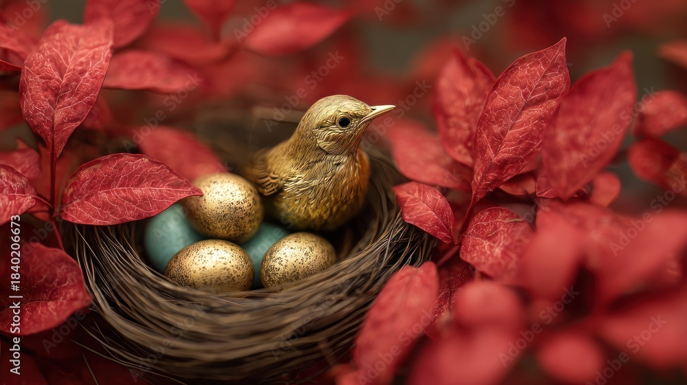 Obraz premium Golden bird nest eggs