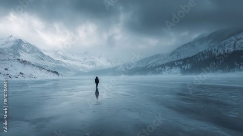 Person walking frozen lake