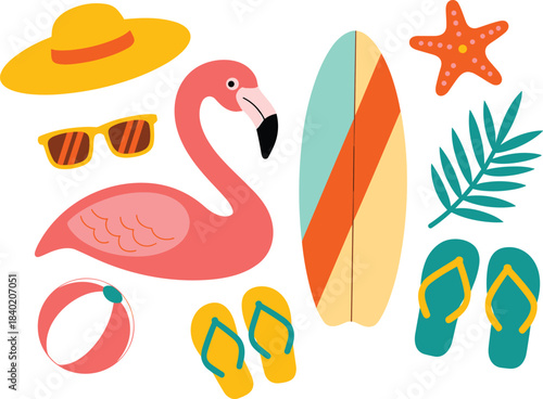 Summer vacation illustration set featuring flamingo, surfboard, beach accessories, flip flops, sunglasses, hat, starfish, tropical leaves, beach ball design