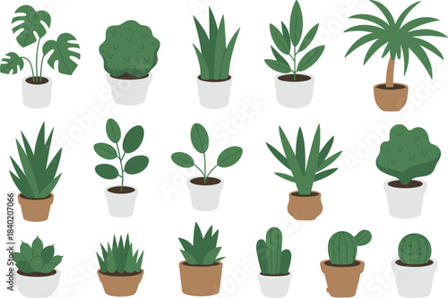 Minimal potted plant illustration set, houseplants in terracotta pots, modern botanical decor, indoor greenery icons, simple flat design foliage collection