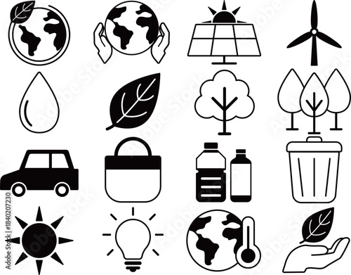 自然と環境保護のアイコン16種セット　モノトーン