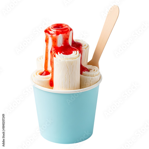 A blue paper cup filled with rolled ice cream and strawberry sauce isolated on a transparent background