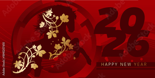 Chinese new year 2026, year of the horse -  banner with golden silhouette on red background