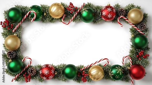 Elegant holiday frame with christmas baubles and candy canes, perfect for christmas card designs and festive background patterns.