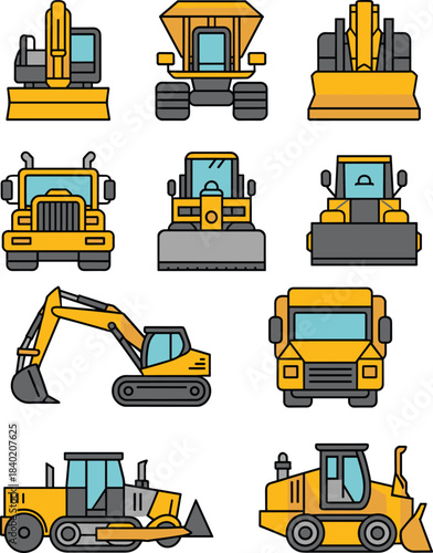 Construction vehicle icon set, heavy machinery equipment, excavators, bulldozers, dump trucks, road rollers, loaders, industrial machines, flat design vector illustration