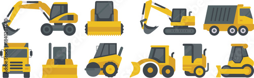 Construction vehicle icon set, heavy machinery equipment, excavators, bulldozers, dump trucks, road rollers, loaders, industrial machines, flat design vector illustration