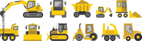 Construction vehicle icon set, heavy machinery equipment, excavators, bulldozers, dump trucks, road rollers, loaders, industrial machines, flat design vector illustration