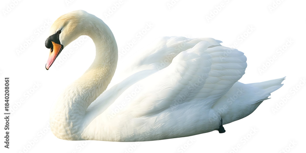 Obraz premium Elegant white swan swimming gracefully isolated on white background