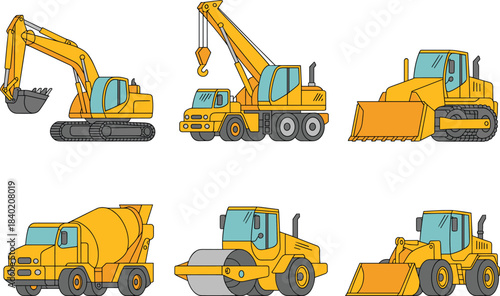 Construction vehicle icon set, heavy machinery equipment, excavators, bulldozers, dump trucks, road rollers, loaders, industrial machines, flat design vector illustration