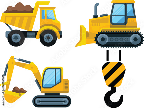 Construction vehicle icon set, heavy machinery equipment, excavators, bulldozers, dump trucks, road rollers, loaders, industrial machines, flat design vector illustration