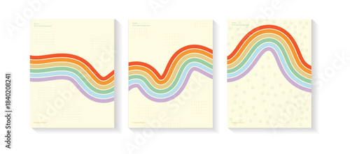 Groovy 70s posters with abstract stripes. Set of colorful backgrounds with geometric shapes.
