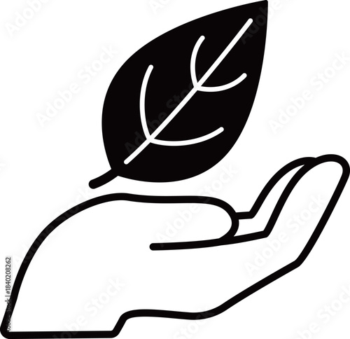 葉っぱと手の環境保護のアイコン　モノトーン