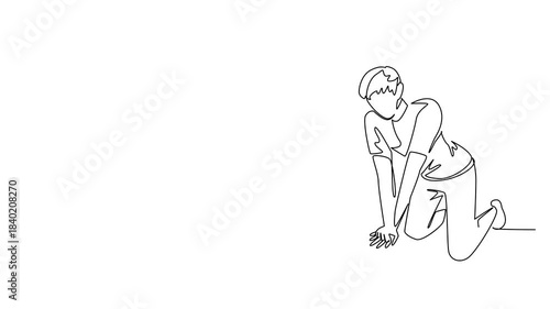 Animated self drawing of continuous line drawing of a man practicing CPR chest compressions on a mannequin, representing health for National CPR and AED Awareness in lifesaving. Full length animation