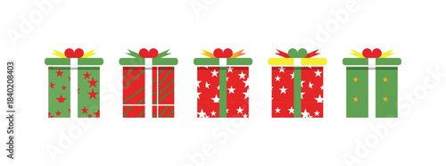 Christmas gift box set with red and green ribbons. Modern packing for christmas gifts.