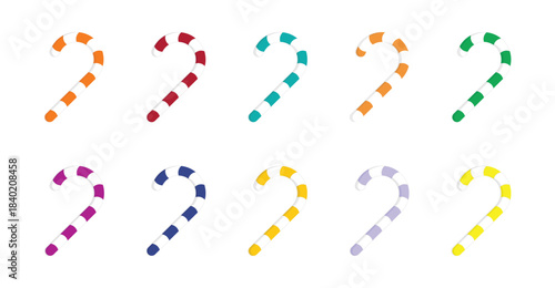 Colorful candy cane set. Flat illustration of candy cane  for  New Year and Christmas decor. 