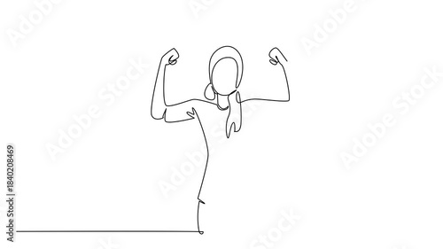 Animation of powerful single line drawing of a woman flexing her arms with confidence, representing empowerment and victory for National Cancer Survivors Day, great for health. Full length motion