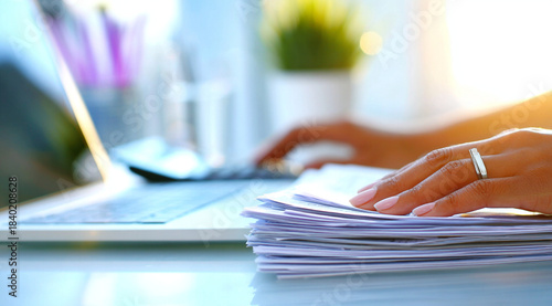 person organizing tax documents on modern desk, laptop, calculator, neat papers, financial reports