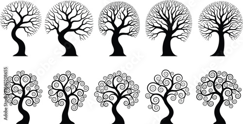 Tree silhouette, bare branches, spiral tree, artistic foliage, stylized tree, nature icon, botanical graphic, forest clipart, decorative tree, abstract plantTree 