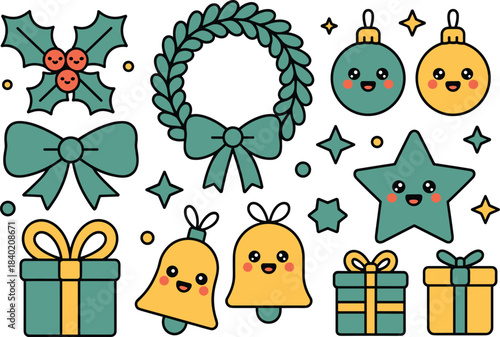 Cute Christmas icon set, kawaii holiday decorations, festive ornaments, wreath, bells, bows, gifts, adorable seasonal elements, cheerful winter vector illustration