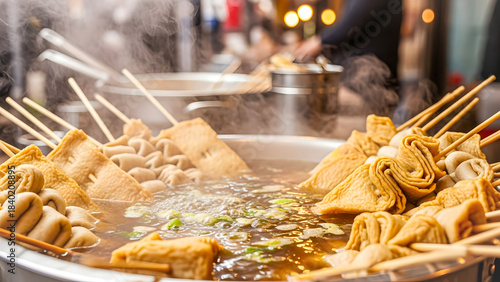 Steaming fish cakes on skewers simmering in hot broth at a bustling street food market