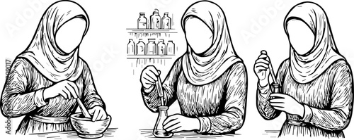 Vintage Line Art Hijabi Woman Stirring Herbs Apothecary Illustration