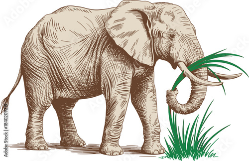 Detailed hand-drawn elephant illustration eating grass, wildlife sketch art, African animal drawing for nature, safari, conservation, educational and decorative designs